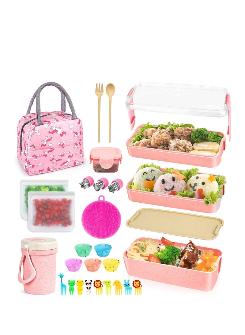 Lunch Box Kit, 27 PCs Bento Box,   Stackable 3-in-1 Compartment Japanese Lunch Box Set w/Soup Cup Sauce Can, Spoon Fork, Cake Cups, Fruit Picks, Snack Bags, Leakproof Lunch Containers