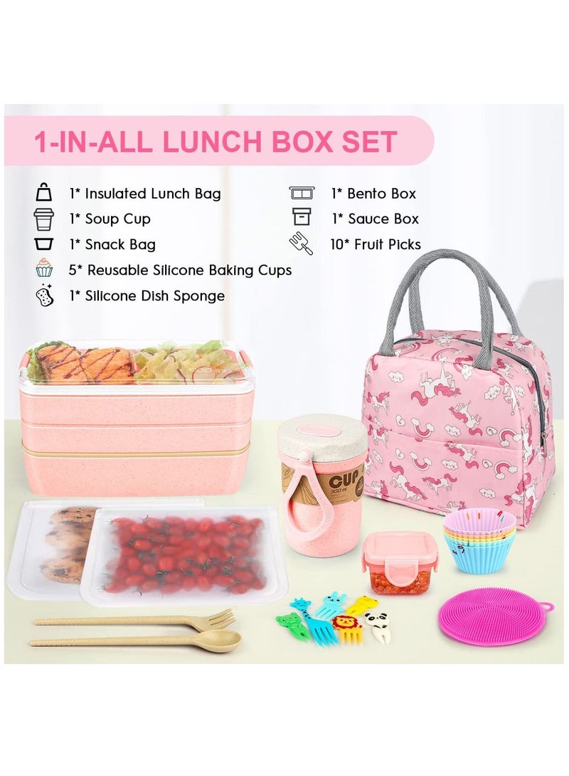 Lunch Box Kit, 27 PCs Bento Box,   Stackable 3-in-1 Compartment Japanese Lunch Box Set w/Soup Cup Sauce Can, Spoon Fork, Cake Cups, Fruit Picks, Snack Bags, Leakproof Lunch Containers