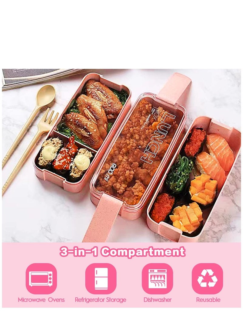 Lunch Box Kit, 27 PCs Bento Box,   Stackable 3-in-1 Compartment Japanese Lunch Box Set w/Soup Cup Sauce Can, Spoon Fork, Cake Cups, Fruit Picks, Snack Bags, Leakproof Lunch Containers