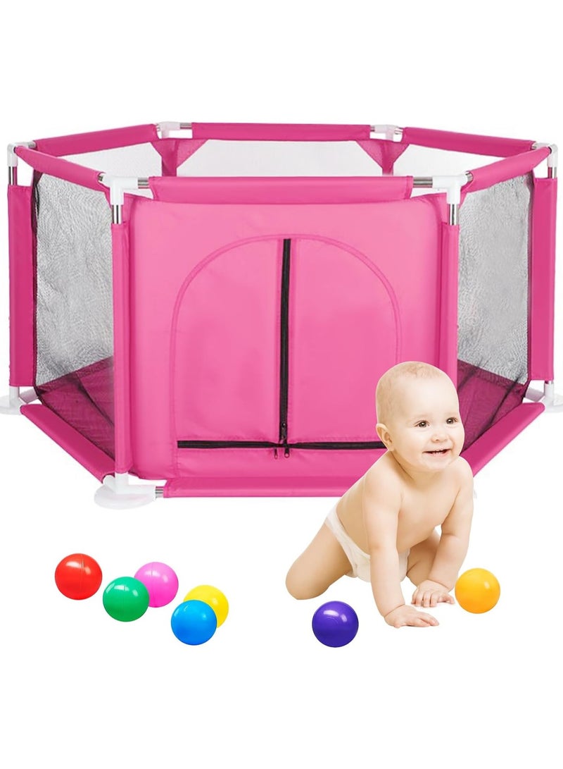 Foldable Baby Kids Hexagonal Fence Playpen Activity Center Room with 50 pcs Ocean Balls For Baby Satety Protection Care Crawling Steady Fence Toys Indoors Outdoors (Pink)