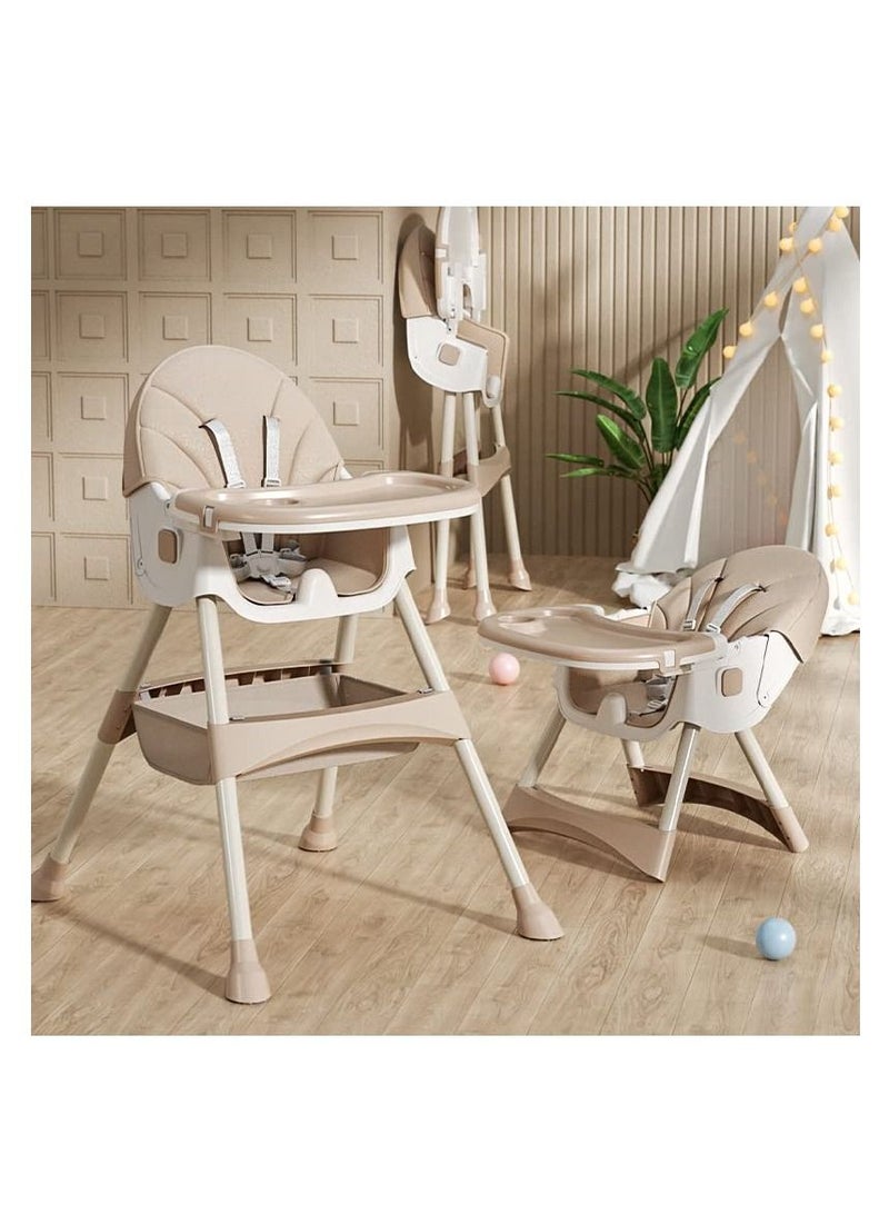 Baby High Chair, Folding Recline Feeding Seat Height Adjustable Child Feeding Chair, Multifunctional Baby Dining Chair with Removable Double Compartment Plate(Khaki)