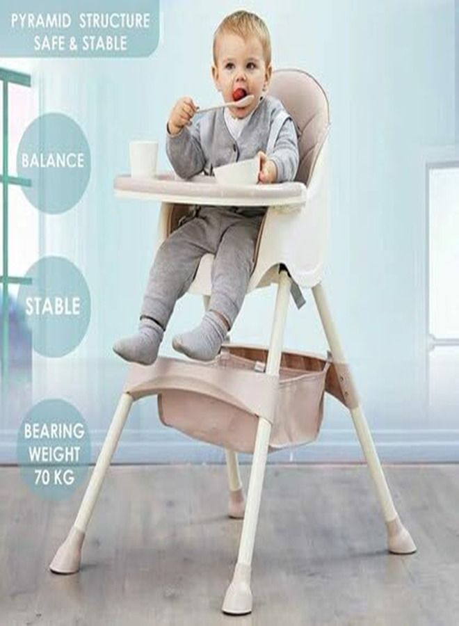 Baby High Chair, Folding Recline Feeding Seat Height Adjustable Child Feeding Chair, Multifunctional Baby Dining Chair with Removable Double Compartment Plate(Khaki)