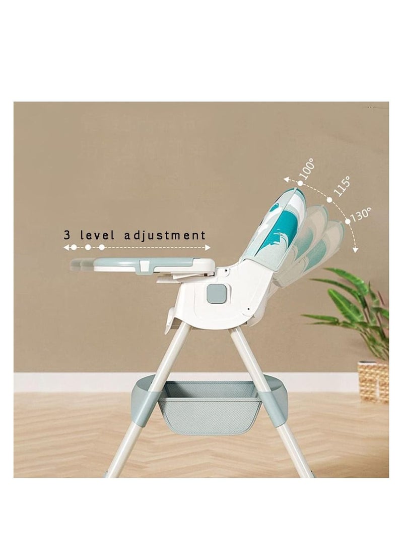 Baby High Chair, Folding Recline Feeding Seat Height Adjustable Child Feeding Chair, Multifunctional Baby Dining Chair with Removable Double Compartment Plate(Khaki)