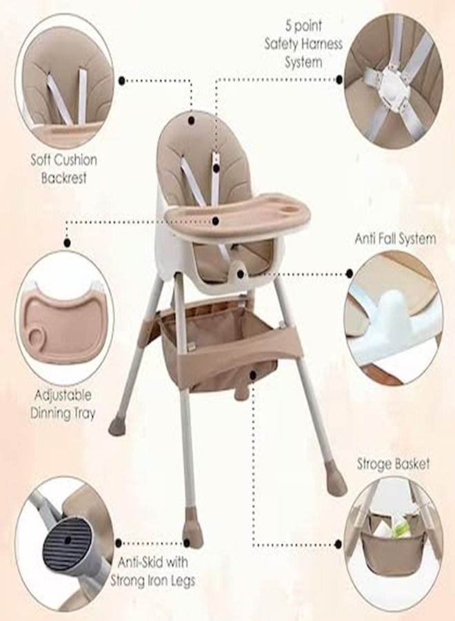 Baby High Chair, Folding Recline Feeding Seat Height Adjustable Child Feeding Chair, Multifunctional Baby Dining Chair with Removable Double Compartment Plate(Khaki)