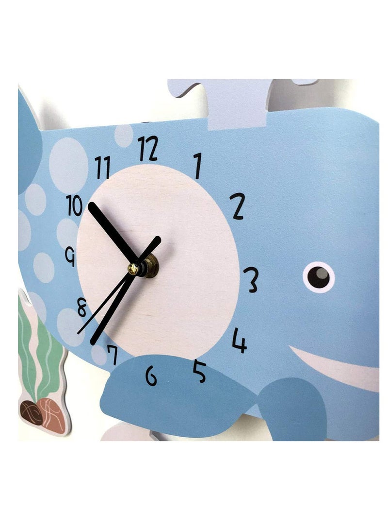 Kids Wall Clock Whale Hanging Clock Cartoon Silent Clock Decorative Clock for Home Nursery Store Kindergarten (Without Battery)