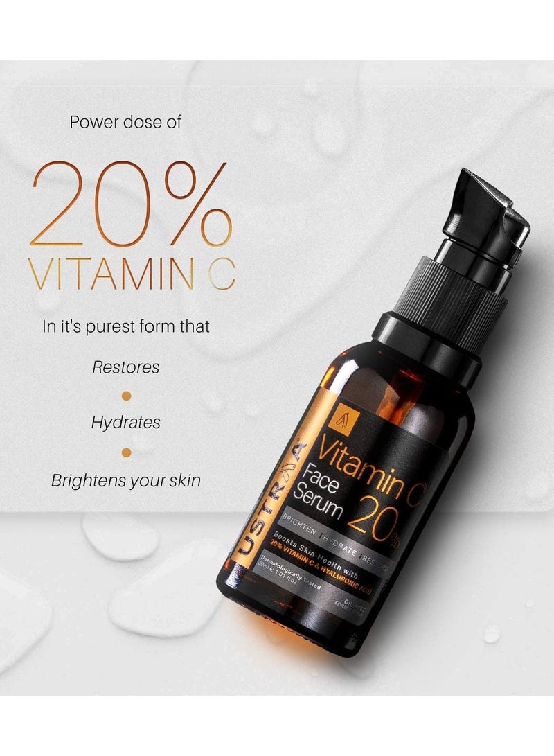 Ustraa 20% Vitamin C Face Serum with Hyaluronic Acid 20% Vitamin C in the Purest form 30ml
