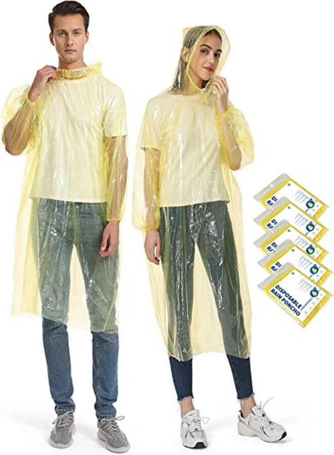 Disposable Rain Ponchos for Adult 5Pcs Clear Rain Coat Jacket with Drawstring Hood and Elastic Sleeve for Women Men for Travel Outdoor Amusement Park Hiking Emergency Disposable Poncho (Yellow)