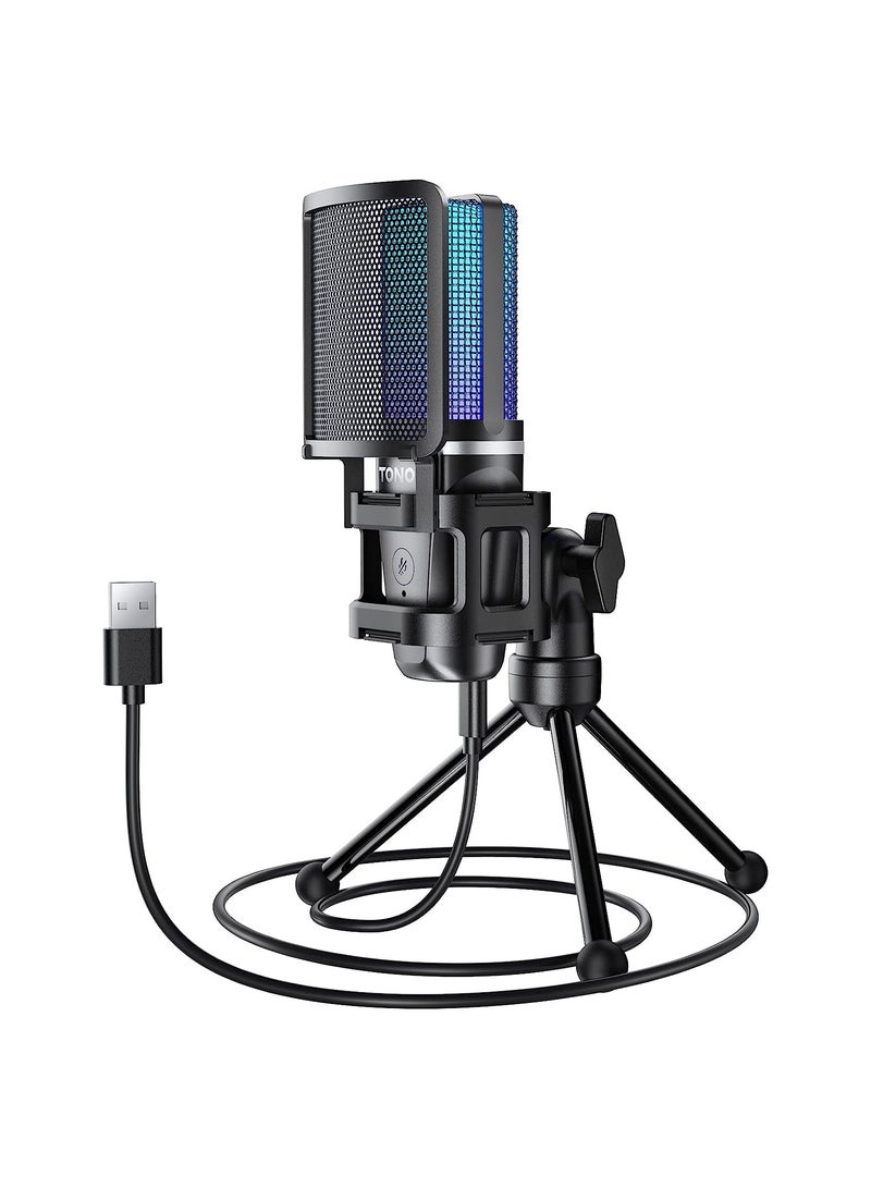 TONOR Gaming USB Microphone for PC, RGB Condenser Computer Mic with Tripod Stand, Quick Mute, Gain Control, for Gaming, Streaming, Podcasting, Recording, Cardioid Mic Kit for Laptop/PS4/PS5 TC777 Pro