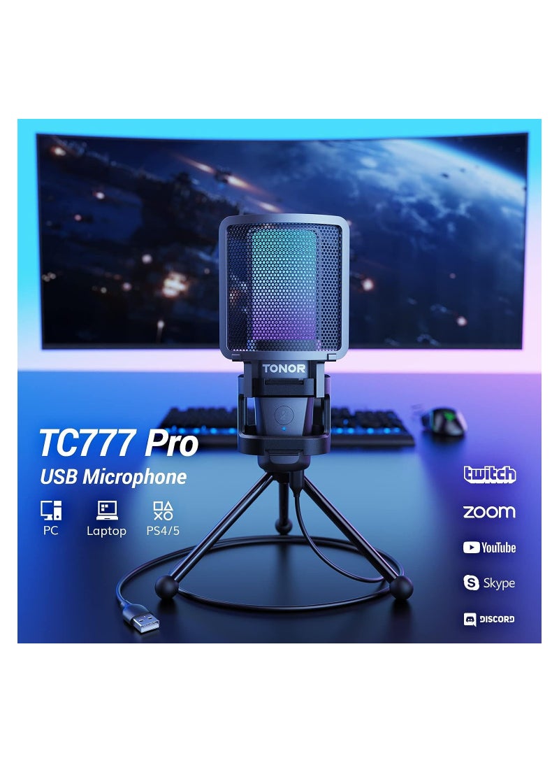 TONOR Gaming USB Microphone for PC, RGB Condenser Computer Mic with Tripod Stand, Quick Mute, Gain Control, for Gaming, Streaming, Podcasting, Recording, Cardioid Mic Kit for Laptop/PS4/PS5 TC777 Pro