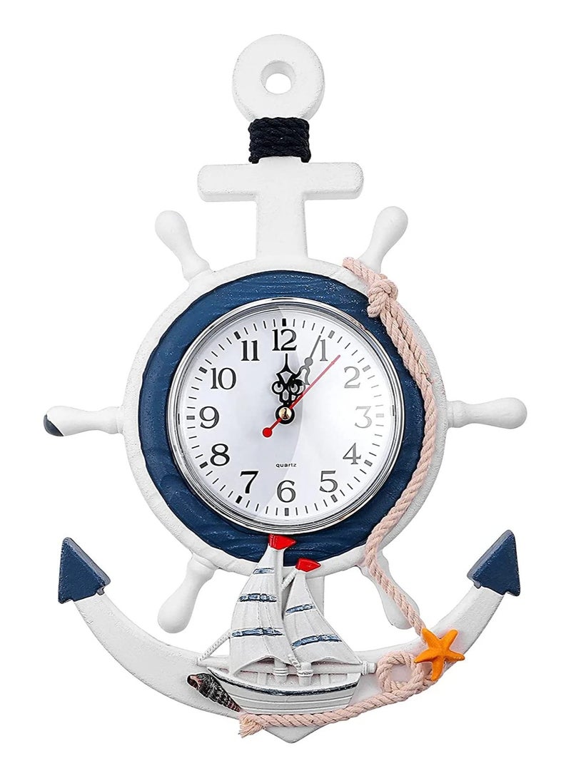 Wall Clock Mediterranean Style Nautical Hanging Clock Creative Nautical Anchor Ship Wall Decoration for Living Room Bedroom Home Office Decorations Gift Clock Wall (Helmsman)