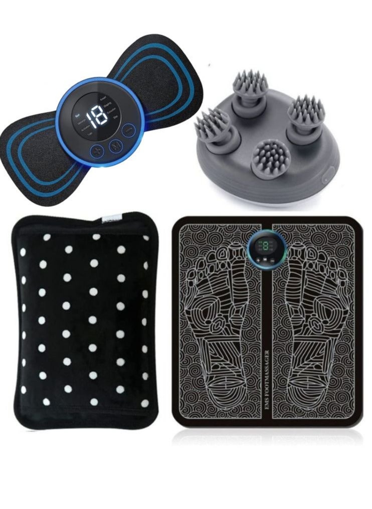 Set of Wireless Portable Neck Massager with 8 Modes and 19 Strength Levels + Electric Scalp Massager with 4 Heads + Electric Hot Water Bag + Electric Leg Foot Muscle Stimulator Massager
