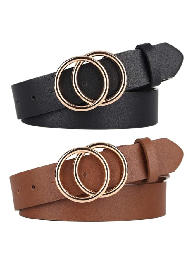 Women Belts for Jeans Dress with Fashion Double O-Ring Buckle and Soft PU Faux Leather Belt(M,2 PCS)