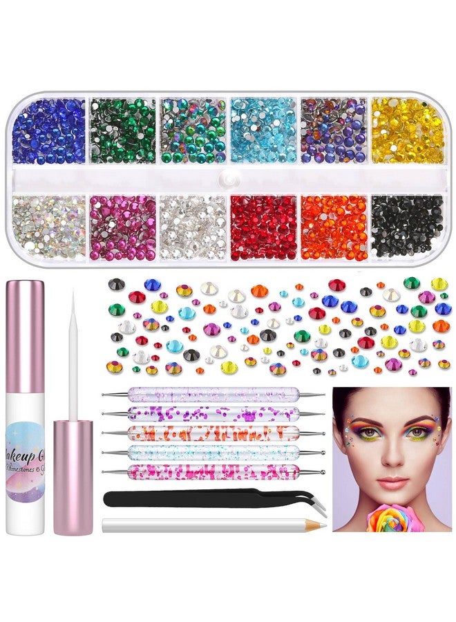 3600Pcs Face Gems Eyes Jewels With Glue For Face Rhinestone Shynek Flatback Eye Gems Hair Rhinestone Colored Crystal With Tweezers Dotting Tools For Nail Art Body Eye Makeup Crafts Decoration