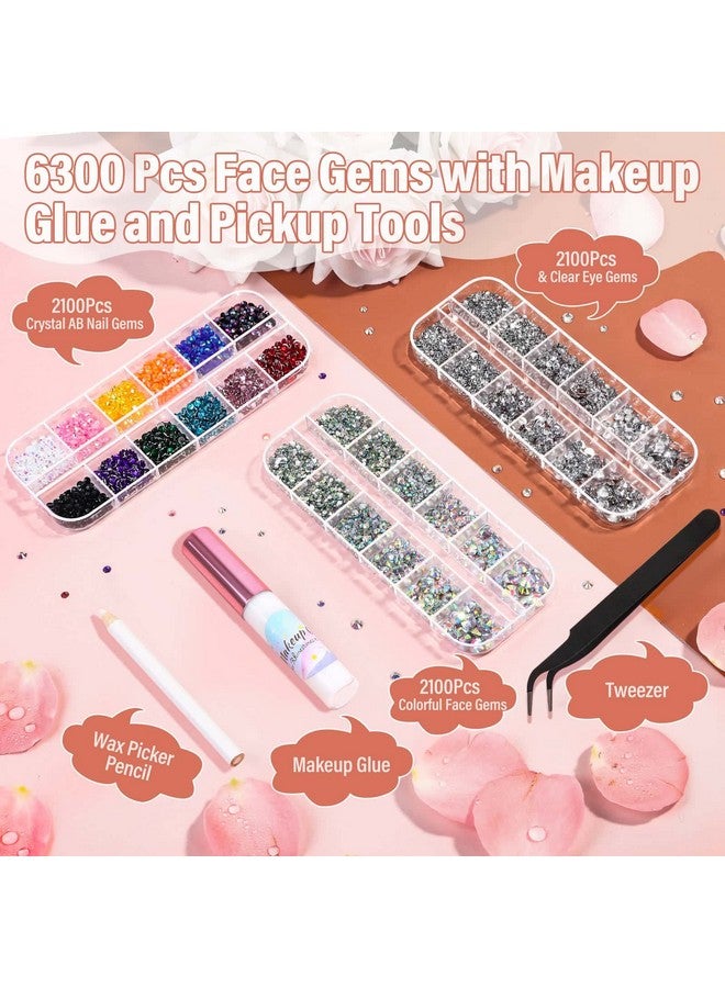 6300Pcs Eye Gems With Glue For Makeup Shynek Flat Back Face Rhinestones Crystal Ab&Transparent Gems With Picker Pencil And Tweezer For Face Jewels Nail Art Body Rhinestones Hair Eye Makeup