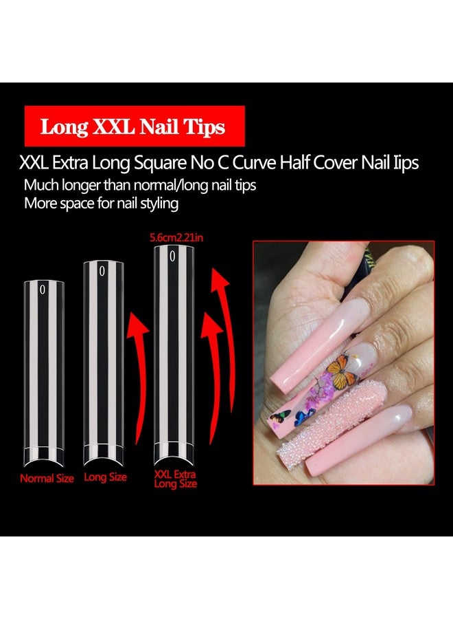 600Pcs No C Curve Nail Tips For Acrylic Nails Professional Xxl Clear Nail Tips Straight Square Flat Nails Tips Extra Long Acrylic Nail Tips Half Cover Fake Nails For Nail Salon And Home Diy 12 Sizes