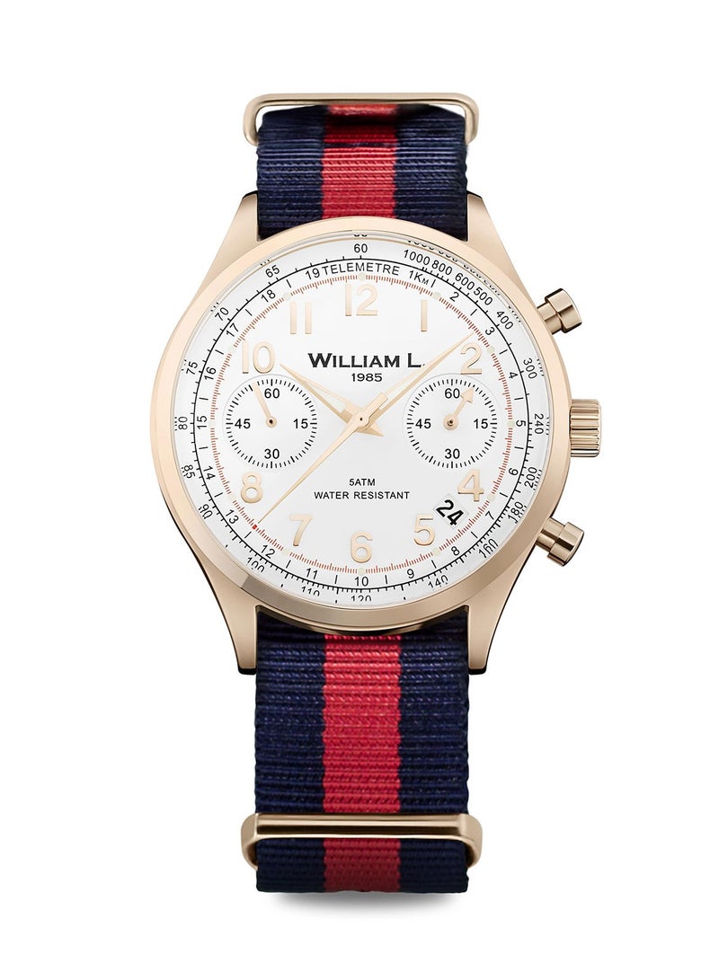 William L. 1985 Men's Analogue Quartz Chronograph Vintage Style Ion Plated Rose Gold Watch with Nylon Strap  - WLOR01BCORNBR