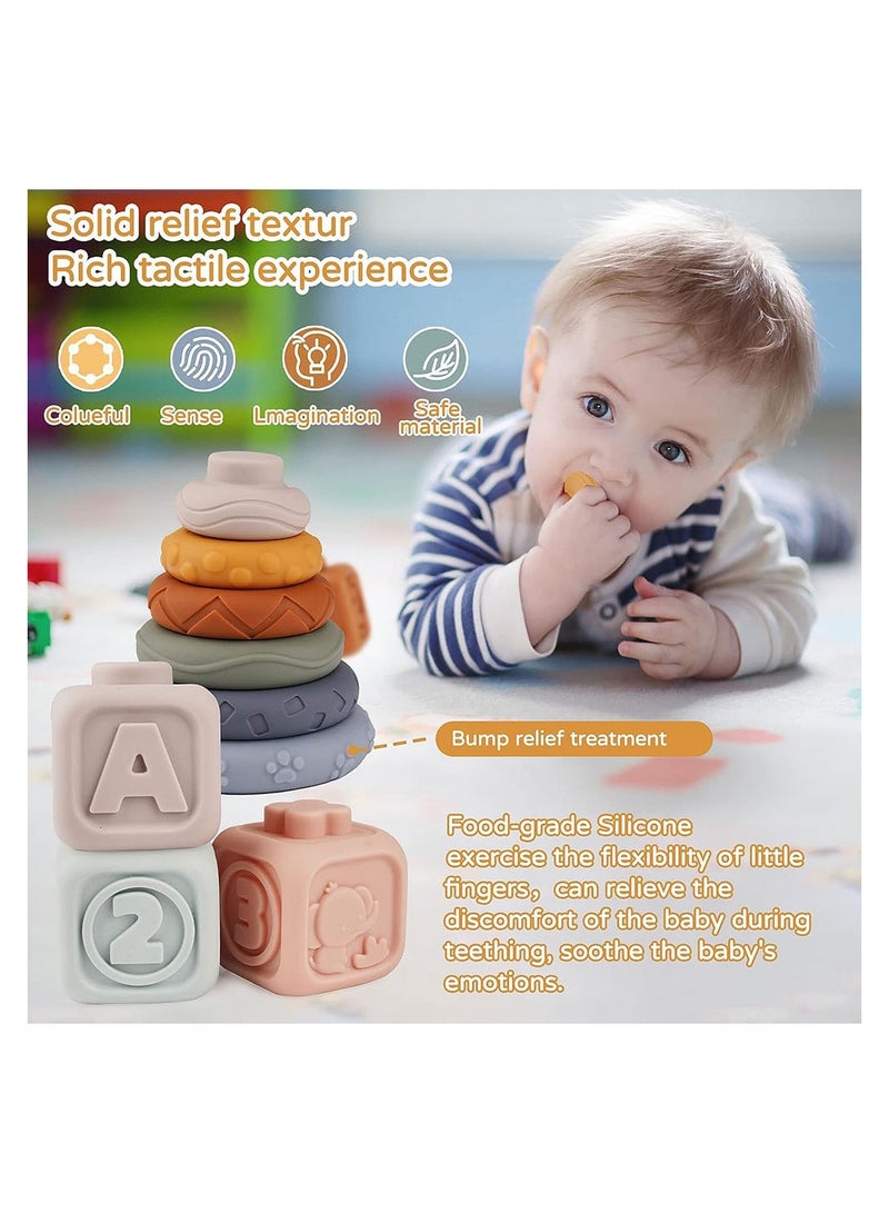 COOLBABY Toddlers Montessori Sensory Toys Infant Baby Stacking and Nesting Soft Building Blocks Baby Chewing Squeeze Toy Learning Educational Bath Toy