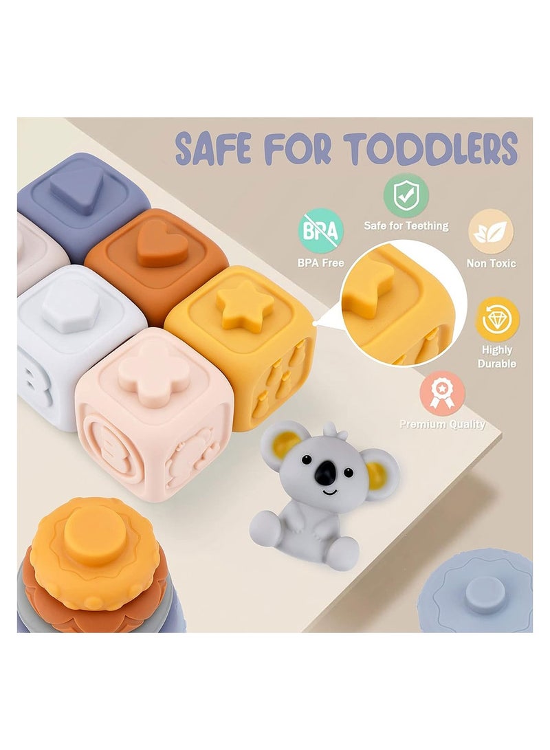 COOLBABY Toddlers Montessori Sensory Toys Infant Baby Stacking and Nesting Soft Building Blocks Baby Chewing Squeeze Toy Learning Educational Bath Toy