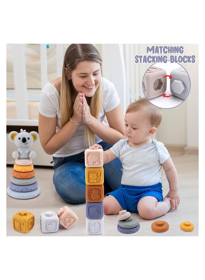 COOLBABY Toddlers Montessori Sensory Toys Infant Baby Stacking and Nesting Soft Building Blocks Baby Chewing Squeeze Toy Learning Educational Bath Toy