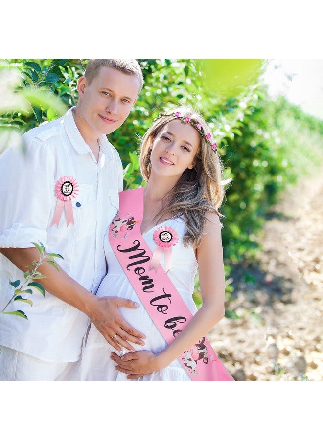 Cow Theme Pink Mom To Be Sash Baby Shower Dad To Be Pin And Flower Crown Headband For Gender Reveals Party Baby Shower Party Decorations For Boys And Girls Pregnancy Props Keepsake Gift