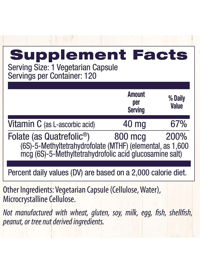 Methyl Folate Bioactive - The more stable, bioavailable, and soluble form of folate - 800mcg - 120 Veggie Caps - Dietary Supplements