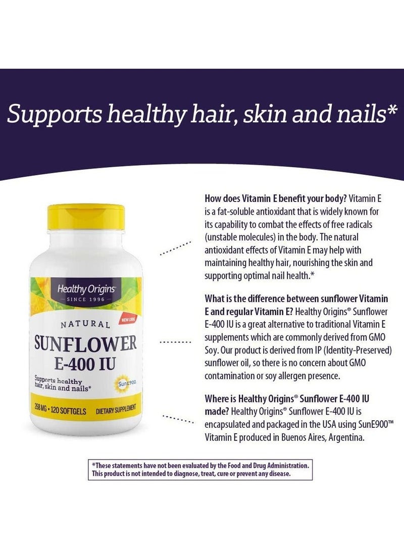 Vitamin E, 400 IU Sunflower (Sun E 900) - Vitamin E Supplement - Hair, Skin & Nails Vitamins - Non-GMO & Gluten-Free Supplement - 120 Softgels