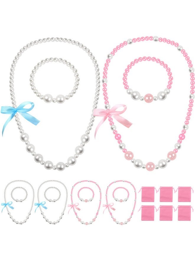 6 Sets Princess Party Favors Beaded Necklace And Beads Bracelet Tea Party Pretend Jewelry Costume Jewelry Necklace Pearls Jewelry Set With Pink Velvet Pouch For Birthday Party Filler Cosplay Role Play