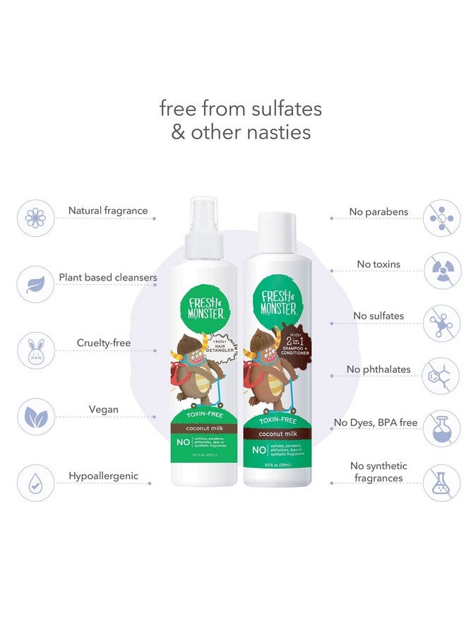 Kids Hair Detangler Spray & 2In1 Shampoo & Conditioner Combo Toxinfree Hypoallergenic & Natural Coconut (8.5 Oz Detangler & 8.5 Oz 2In1 Shampoo & Conditioner)