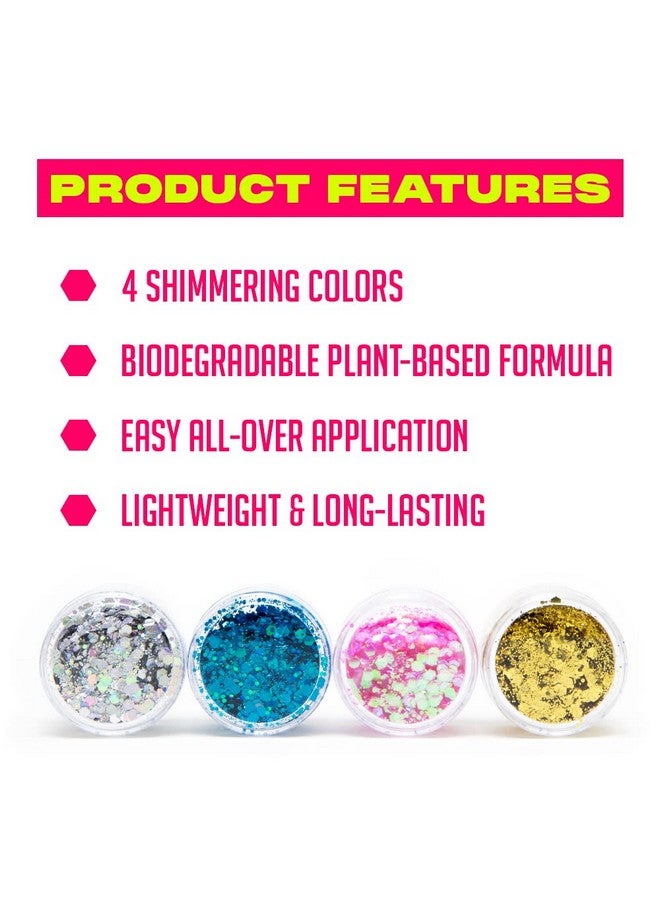 Biodegradable Makeup Glitter Combination 4 Pack For Hair Face And Body ; Perfect Festival And Rave Makeup Accessory