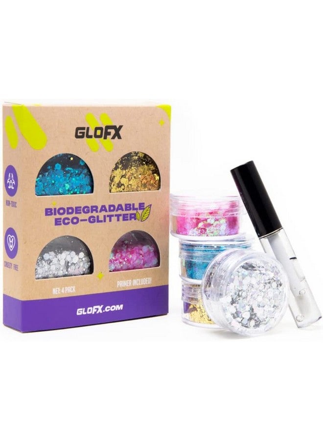 Biodegradable Makeup Glitter Combination 4 Pack For Hair Face And Body ; Perfect Festival And Rave Makeup Accessory