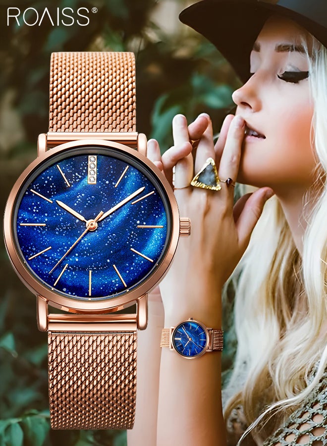 Women's Stainless Steel Mesh Strap Quartz Watch Analog Display Round Blue Aurora Starry Sky Dial Waterproof Elegant Wristwatch as Gift for Ladies