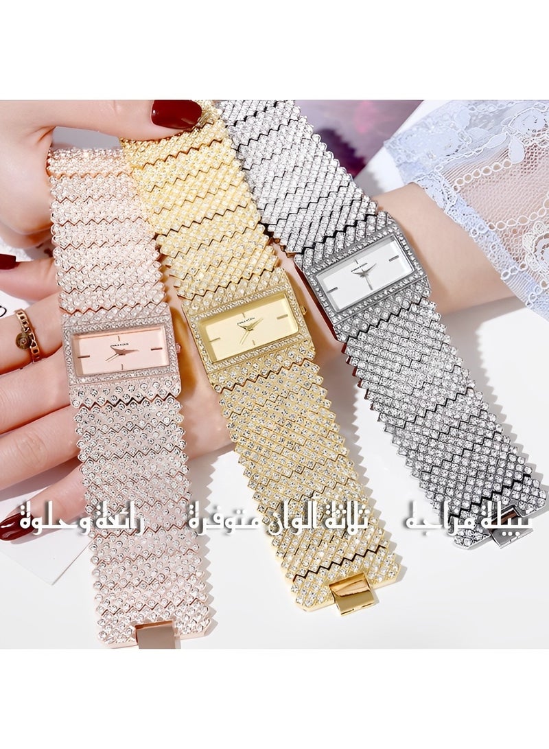 Women's Quartz Watches with Square Dial & Diamond Plated Cuban Link Strape Iced Out Watch Fashion Bracelet Wrist Watch