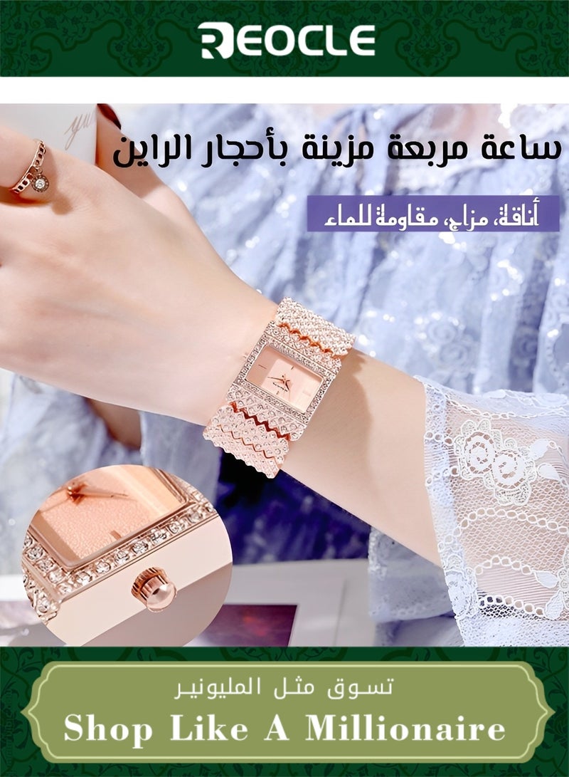 Women's Quartz Watches with Square Dial & Diamond Plated Cuban Link Strape Iced Out Watch Fashion Bracelet Wrist Watch