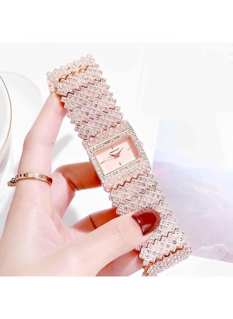 Women's Quartz Watches with Square Dial & Diamond Plated Cuban Link Strape Iced Out Watch Fashion Bracelet Wrist Watch