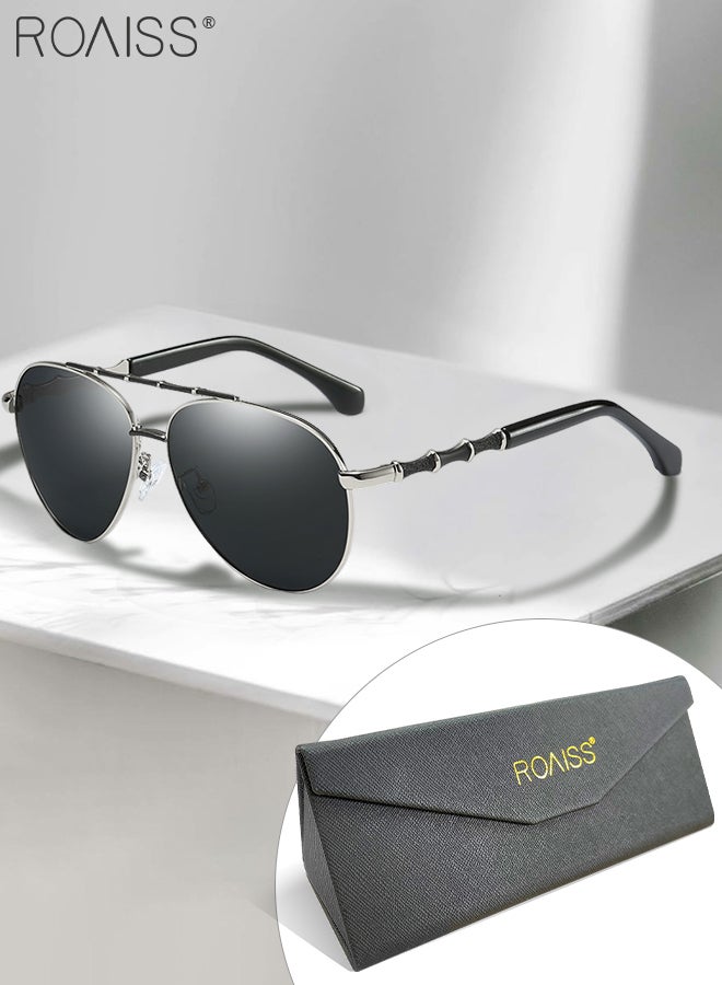 Men's Aviator Polarized Sunglasses, UV400 Protection Sun Glasses with Bamboo Pattern Decoration, Fashion Anti-Glare Sun Shades for Men Driving, Fishing, Traveling, 55mm