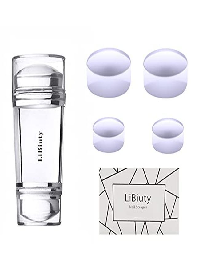 Nail Art Stamper Dual Head Clear Jelly Nail Polish Transfer Stamper Extra 4Pcs Silicone Heads & 1 Scraper Manicure Nail Art Tool