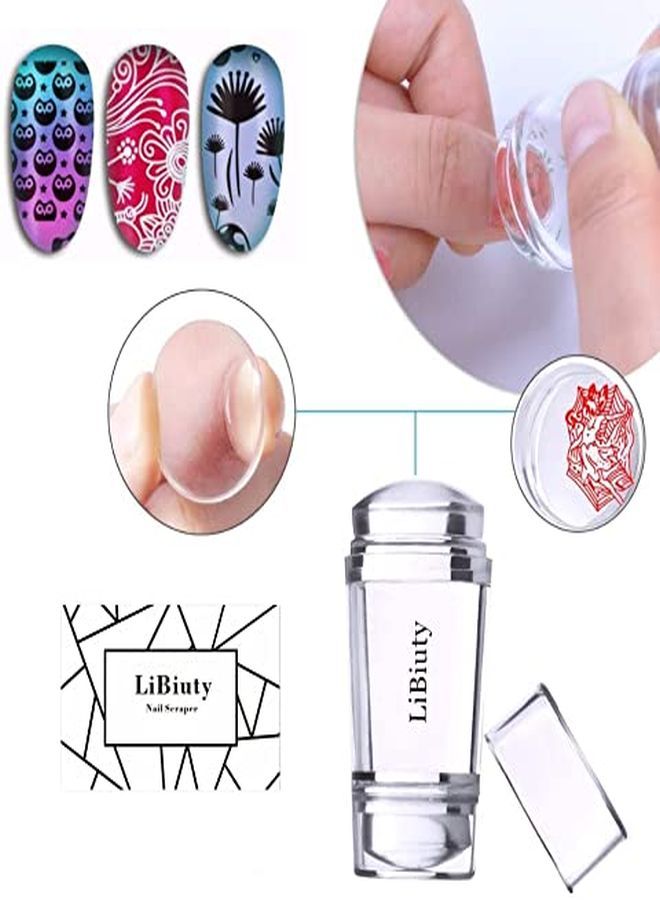 Nail Art Stamper Dual Head Clear Jelly Nail Polish Transfer Stamper Extra 4Pcs Silicone Heads & 1 Scraper Manicure Nail Art Tool