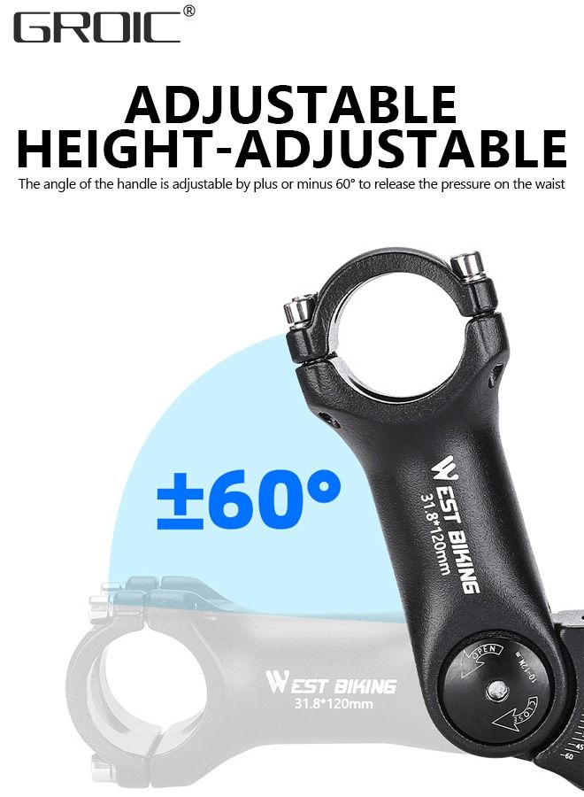 Adjustable MTB Stem 31.8mm - 120mm 60 Degree Bike Stem Riser for Handlebar - Aluminum Alloy Mountain Bike Handlebar Riser Extender for MTB Road City Bike Bicycle