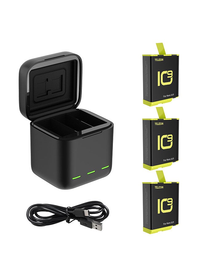 Sports Camera Battery Storage Charger Set 1 * 3-Slot Battery Charging Box + 3 * 1750Mah Batteries Fast Charging With Tf Card Storage Slots Replacement For Gopro Hero 11/10/ 9