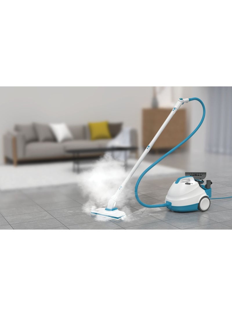 Pressurized Steam Cleaner, 2000W, 4 Bar Pressure With 8 Accessories, 1.2L Removable Tank, 180° Pivoting Floor Head,  Ideal for All Sealed Floors 2000 W BHSMP2008-GB White/Blue