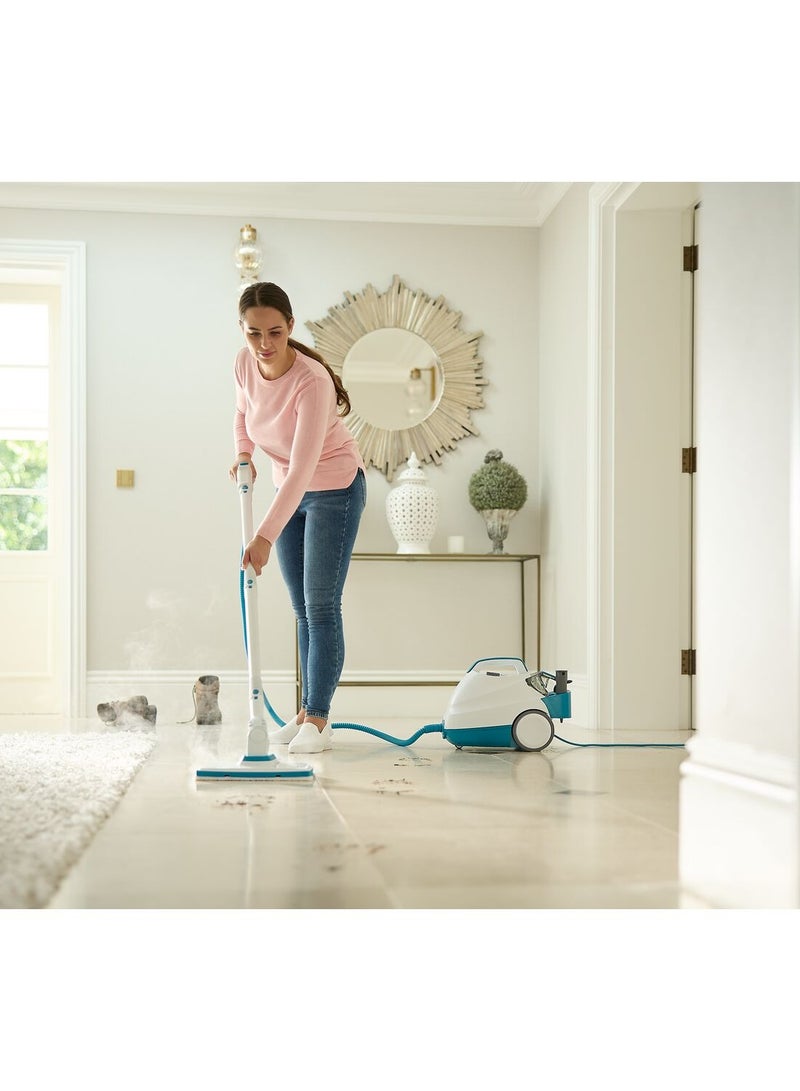 Pressurized Steam Cleaner, 2000W, 4 Bar Pressure With 8 Accessories, 1.2L Removable Tank, 180° Pivoting Floor Head,  Ideal for All Sealed Floors 2000 W BHSMP2008-GB White/Blue