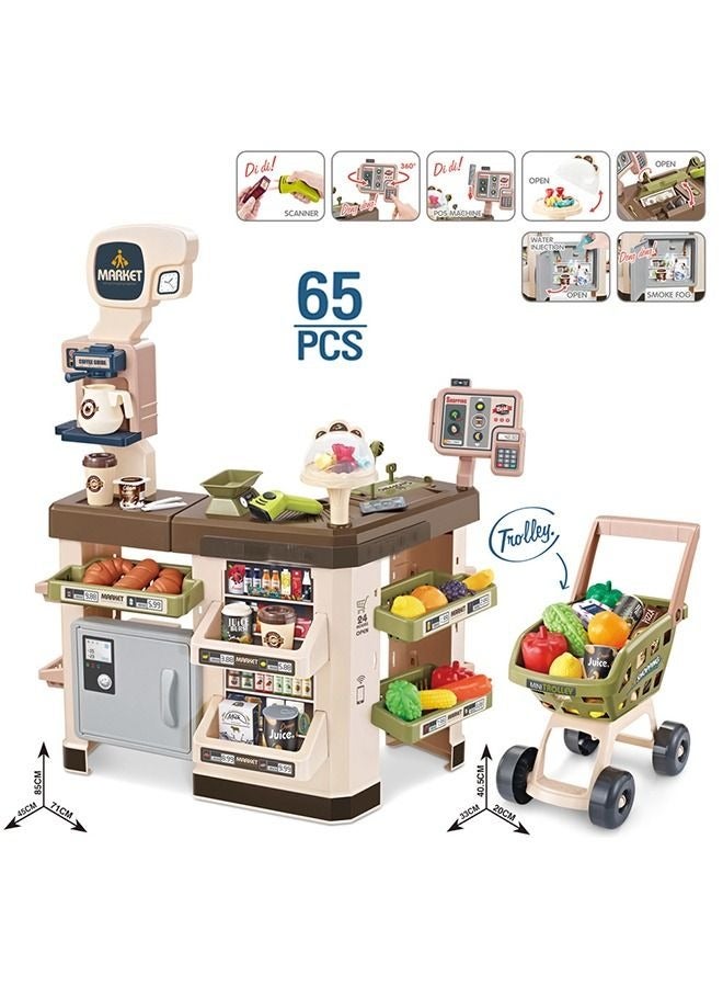 65pcs Home Pretend Supermarket Accessories With Trolley Role Play Set Toy For Kids 85*71*45