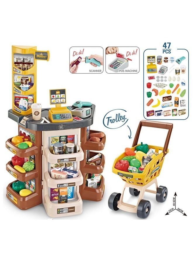 47pcs Home Pretend Supermarket Accessories With Trolley Role Play Set Toy For Kids 79*53*34