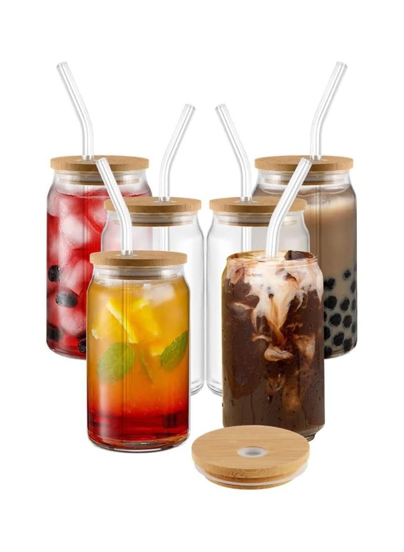 Glass Cans with Bamboo Cover 2 Pack 500ml Can Shaped Glass Glass Cups Transparent Water Cup Juice Drink Cup Drinking Cups with Straw for Water and Mixed Drink for Any Drink and Any Occasion