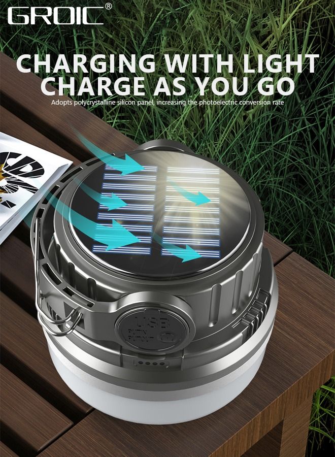 Solar LED Camping Lantern, USB Rechargeable Camping Lamp Flashlights & Power Bank, Camping Light Waterproof Portable Outdoor Tent Light for Hurricane, Power Outages, Home, Hiking Fishing Camping