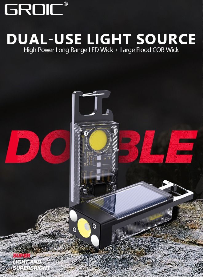 LED Mini COB Flashlights Solar/Rechargeable Multi Function, 1000 High Lumen Super Bright 9 Light Modes Light Waterproof Portable Led Work Light, Pocket Light With Bottle Opener And Magnet Base