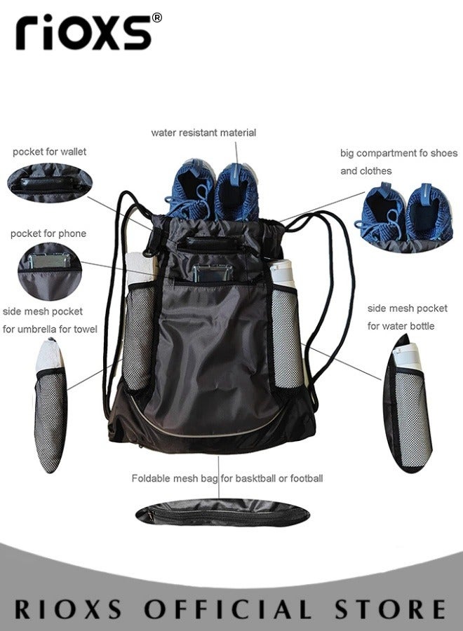 Drawstring Basketball Backpack with sports towel Foldable Soccer Backpack Gym Bag with Detachable Ball Mesh Bag for Basketball Volleyball Baseball Yoga