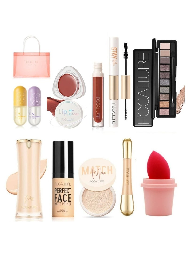 Set of Foundation Ivory+Face Primer+Baking & Setting Powder  Ivory+Concealer with Brush+Sponge+Tote Bag+ 10 Color Eyeshadow Palette+Mascara & Eyeliner+Lip Oil +Creamy Lip & Cheek Duo +Lip Goss