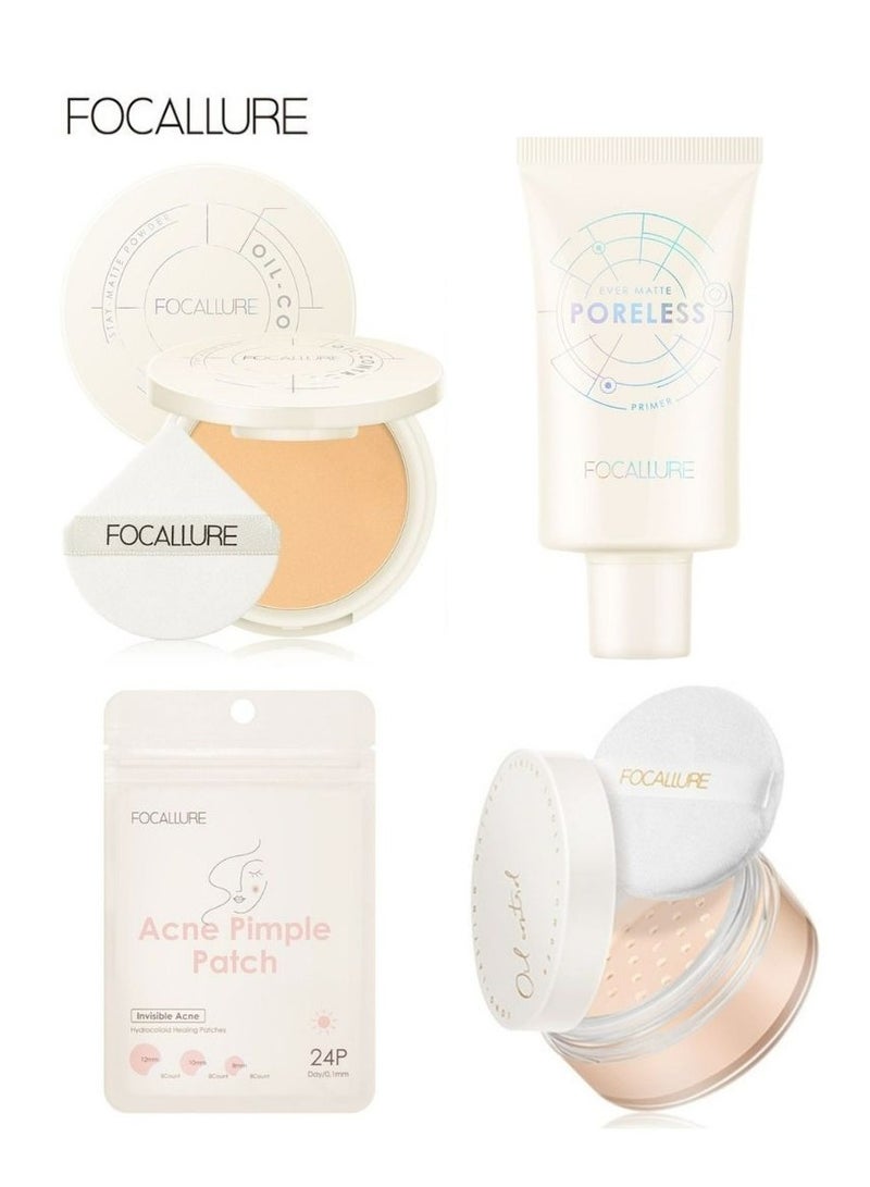 Ever Matte Poreless Primer + Oil-Control Pressed Powder #002 + Oil-Control Poreless Matte Loose Powder-#01 Translucent + Invisible Acne Pimple Patch for Daily Use 3 Pcs