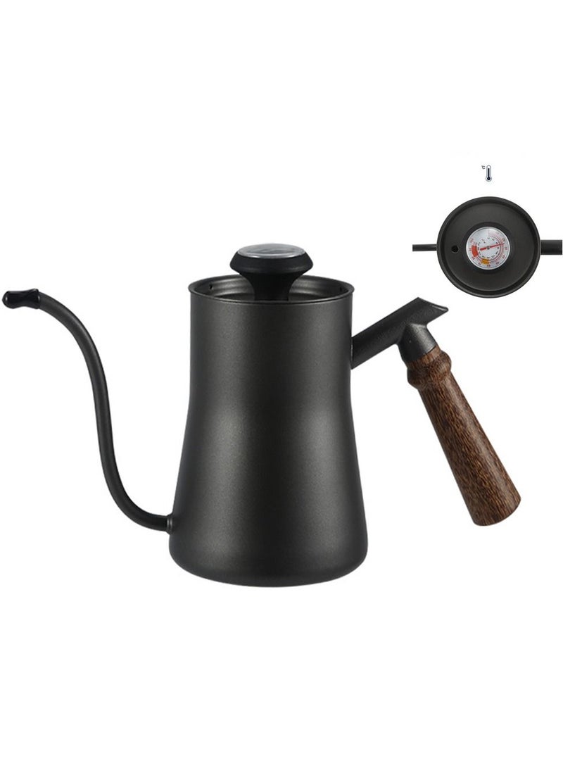 550ml Coffee Kettle with Thermometer Pour over Kettle Stainless Steel Tea Kettle Stovetop Coffee Tea Pot with Wood Handle for Drip Coffee(Black)